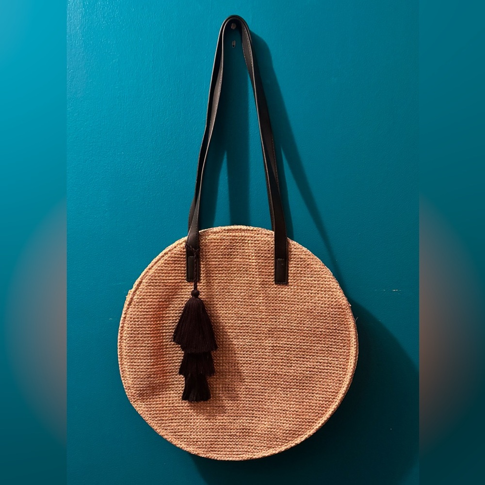 Round, Woven, Tasseled Bag with Gold Metallic Detailing